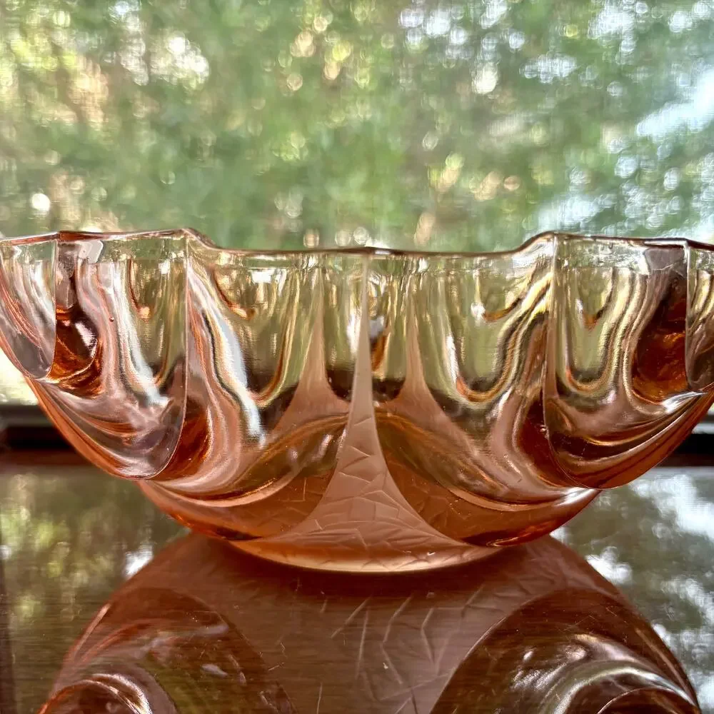 Vintage Pink Pressed Glass Bowl Made in Poland Art Deco Scalloped Edge